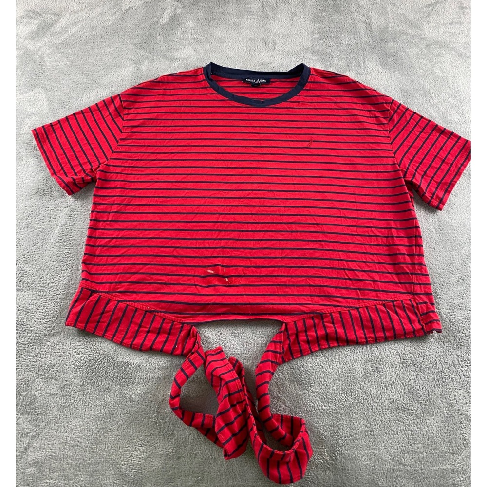Nautica Jeans Womens Red Navy Striped Tie Front Short Sleeve T-Shirt Size M